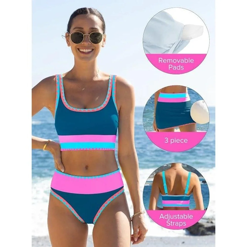 Popvil 3 Piece Swimsuit Set Teal Pink Colorblock Ric Rac Skirt Bikini Womens L